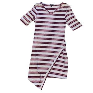 Feathers | Red, white & gray striped short sleeve asymmetrical dress | large